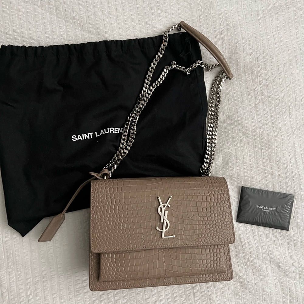 Saint Laurent Sunset Croc Medium Bag Taupe
